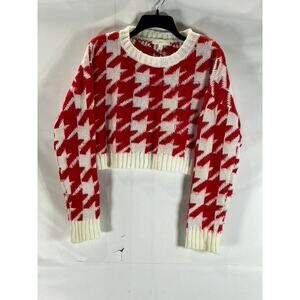 KLESIS Women's Cream/Red Houndstooth Crewneck Knit Cropped Sweater SZ M/L